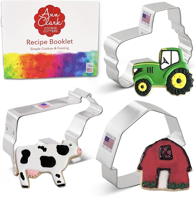Ann Clark 3-Pc. Country Farm Cookie Cutter Set, Made in USA, Barn, Large Cow, Large Tractor
