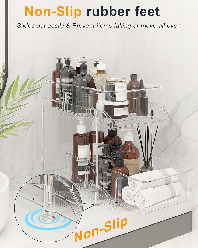 2-Pack 2-Tier Under Sink Organizers with Sliding Drawers | Multi-use kitchen & bathroom storage, 10.6 inch clear cabinet organizer, space-saving sliding drawer design.
