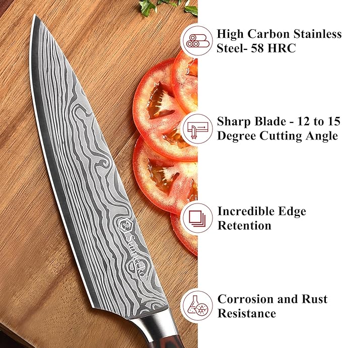 Sunnecko 8 Inch Chef Knife - Ultra Sharp 12-15 Degree Edge Kitchen Knife for Meat Vegetable Cutting Japanese Style, High Carbon Stainless Steel Blade, Pakkawood Handle &Sheath, Cooking Father Day Gift
