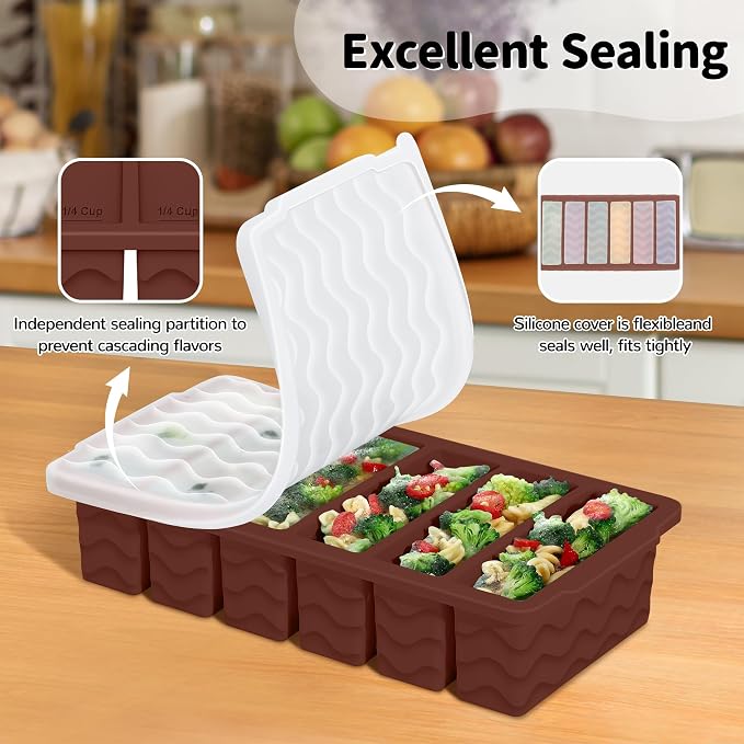 3-Pack Silicone Freezer Trays with Lid,2 Large 2-Cup(500ml)&4 Medium 1-Cup(250ml)&6 Small 1/2-Cup(125ml) Soup Freezer Container Molds,Ice Cube Tray For Meal Prep&Freezing Soup,Stews,Sauces (Iron Red)