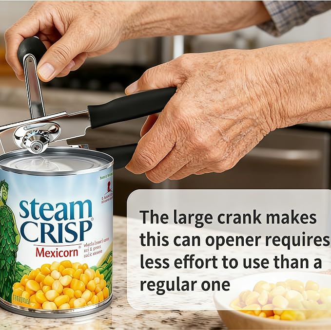 Effortless Manual Can Opener for Seniors, Arthritis & Weak Hands, Magnetic Lid Lifter, Smooth Safe Edges, Extra Long Non-Slip Stainless Steel Handle for Kitchen & Camping