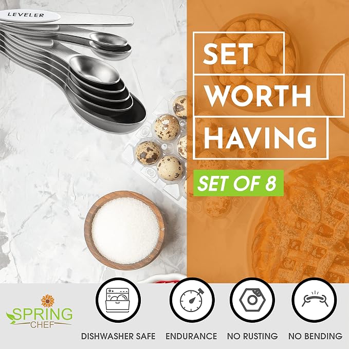 Spring Chef White Stainless Steel Magnetic Measuring Spoons Set of 8 with Leveler, Dual Sided Metal Teaspoon & Tablespoon Measuring Spoons, Fits in Spice Jars, Kitchen Gadgets for Baking & Cooking