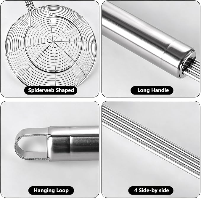 2Pcs Spider Strainer Skimmer, Stainless Steel Wire Strainer Ladle for Cooking and Frying, Kitchen Utensils Pasta Strainer Spoon, 5.4 Inch + 6.1 Inch