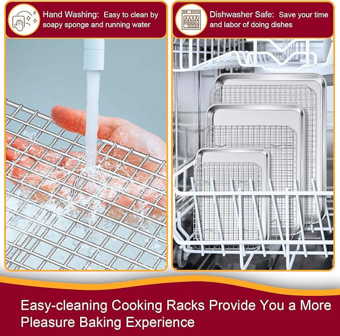 P&P CHEF 16 + 12.5 + 9 Inch Baking Sheet Pan and Cooking Rack - 6 Pieces | 3x Cookie Sheet + 3x Grid Rack, Stainless Steel Oven Tray with Wire Rack for Oven Baking, Healthy & Sturdy & Easy to Clean