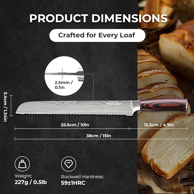 DiiHAUZZ 10 Inch Bread Knife, Serrated Knife for Homemade Bread, Razor Sharp High Carbon Stainless Steel Sourdough Cutter, Professional Bakery Kitchen Knives with Ergonomic Handle for Bagel, Cake