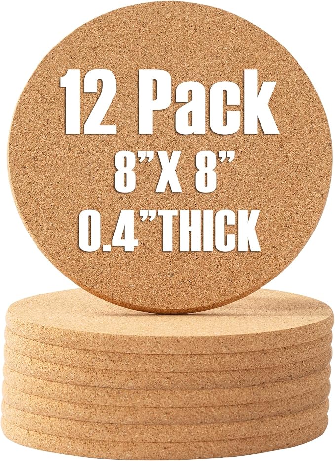FirstGift Cork Trivet - 12 Pack High Density Cork Trivet Set- 8" Diameter x 0.4" Thick Round - Hot Pads for Table & Countertop
