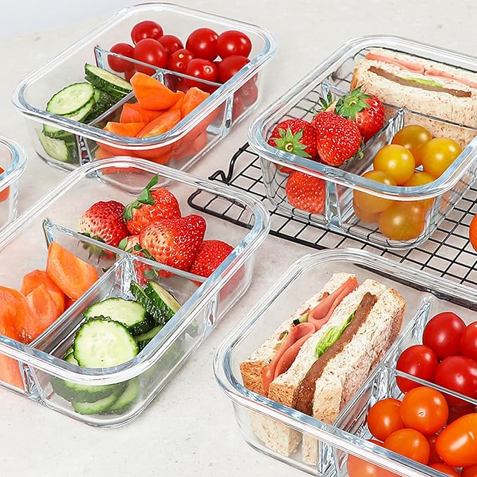 Glass Meal Prep Containers 3 Compartments, 5 Pack 36 oz | Glass Food Storage Containers with Lids, Airtight Lunch Bento Box, Portion Control, Freezer and Microwave Safe