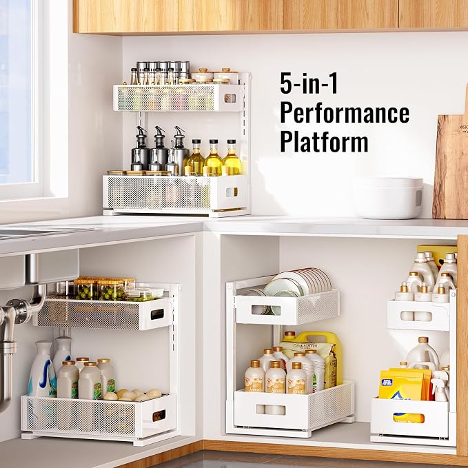 TISTAYA Full Metal Under Sink Organizer, Pull Out Cabinet Organizers and Storage, Silk-Smooth Sliding Drawer for Kitchen, Bathroom, Pantry, Cabinet, Closet (White, 2 Pack)