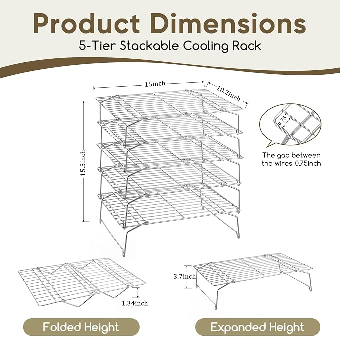 Herogo 5-Tier 15" x 10" Cooling Rack, Stainless Steel Baking Rack for Cookies, Cupcakes, and Pastries, Collapsible Space-Saving Design, Dishwasher Safe, Ideal for Baking, Roasting, and Drying