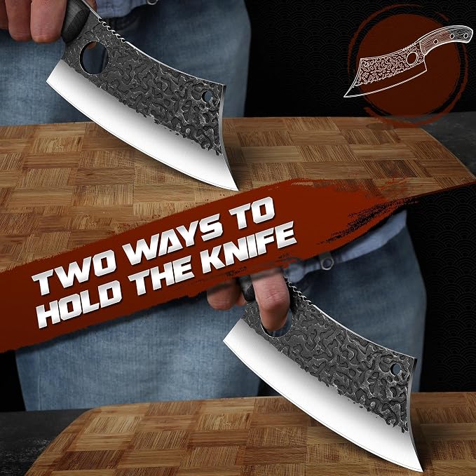 ROCOCO Meat Cleaver Butcher Knife - Full Tang Knife & Sheath Gift Idea Men | Sharp Hand forged Knife for Home Outdoor BBQ Camping Mother Father Gift Idea Men Black 6.3"