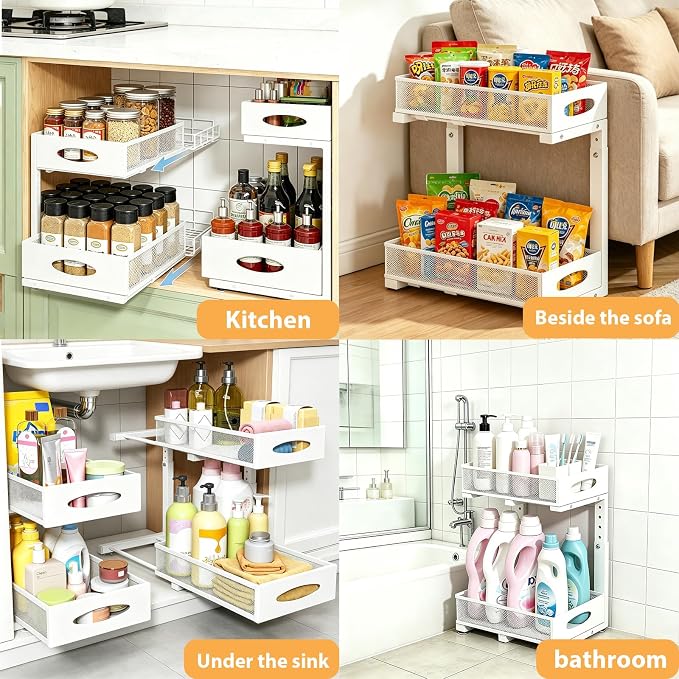 2 Pack Under Sink Organizer, 2-Tier Pull Out Kitchen Cabinet Organizer, Height Adjustable Metal Slide Out Bathroom Organizers and Storage Makeup Drawer Organizer for Office Bedroom(A-White, 2Pack)