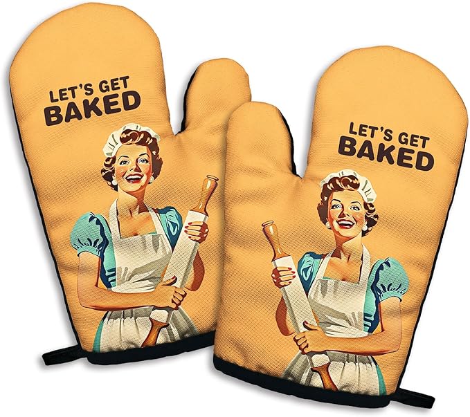 Let's Get Baked, Funny Silicone Non-Slip Oven Mitts Sets of 2, Retro Baking Mitts, Kitchen Gift for Women, Bake Lover Gift, Housewarming Gifts