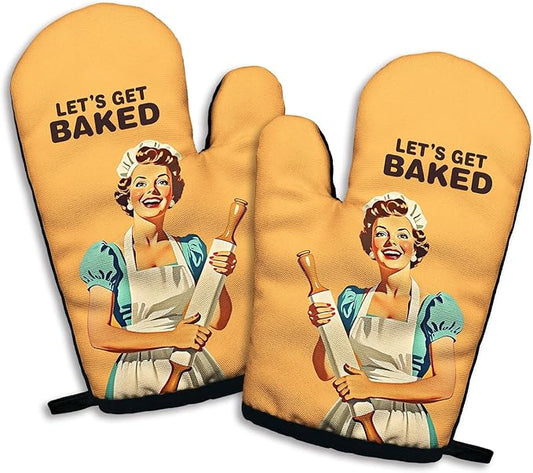 Let's Get Baked, Funny Silicone Non-Slip Oven Mitts Sets of 2, Retro Baking Mitts, Kitchen Gift for Women, Bake Lover Gift, Housewarming Gifts