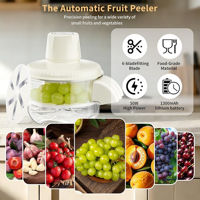 Electric Grape Peeler, Automatic Garlic & Cherry Tomato Peeler, Upgraded 6-Blade Cordless Fruit & Vegetable Skin Remover, Fast & Easy-Peel Kitchen Tool for Home, Camping, Picnics & Parties (White)
