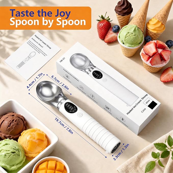 Heated Ice Cream Scoop Rechargeable, Electric Ice Cream Scooper with 4 Temp Modes & LED Display, Heats up to 160°F for Rock-Hard Ice Cream, IPX7 Waterproof Kitchen Gadget for Seniors & Kids (White)
