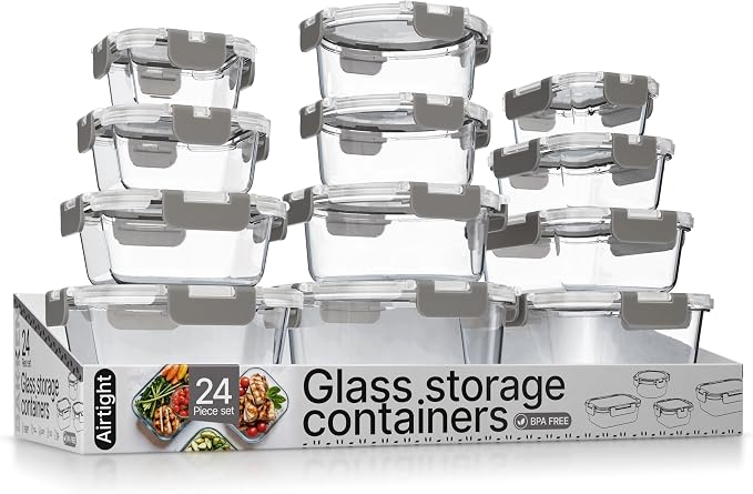 Bakken Borosilicate Glass Food Storage Containers with Lids 24 Pieces, BPA-Free Stackable Lunch & Leftover Containers, Microwave, Freezer & Dishwasher Safe, 100% Airtight Leak-Proof, Gray