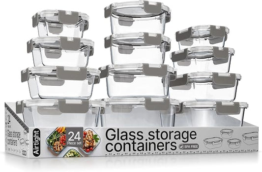 Bakken Borosilicate Glass Food Storage Containers with Lids 24 Pieces, BPA-Free Stackable Lunch & Leftover Containers, Microwave, Freezer & Dishwasher Safe, 100% Airtight Leak-Proof, Gray