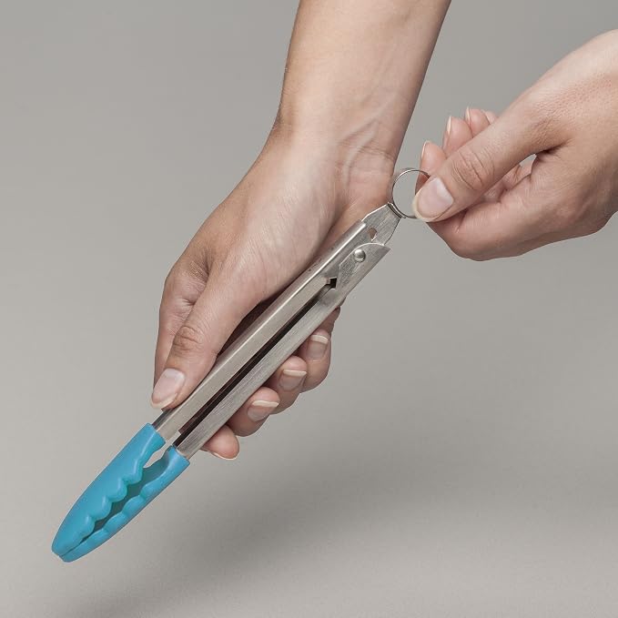 Zeal Silicone Mini Kitchen Cooking Tongs with Stainless Steel Handle – Perfect for Cooking, Grilling, BBQ, Air Fryer, and More, Heat-Resistant, BPA-Free, and Easy-to-Clean, 20cm, Aqua Blue