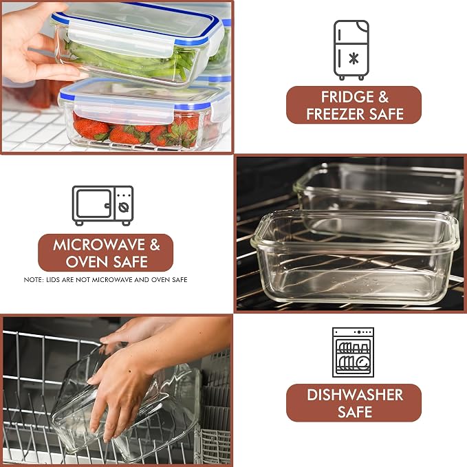 Razab 16 Pc (Set of 8) 30 Oz Glass Meal Prep Containers with Lids, Airtight Large Glass Food Storage Containers, Reusable Leak Proof BPA Free, Freezer to Oven and Dishwasher Safe