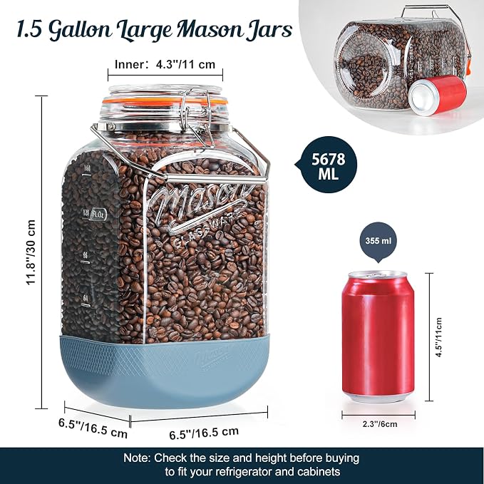 Square 1.5 Gallon Glass Jar with Airtight Lid & Handle, 2 Pack | Large Mason Jars Wide Mouth with Hinged Lid, Glass Storage Containers w Non-slip Base for Pantry, Laundry Room, Flour, Rice