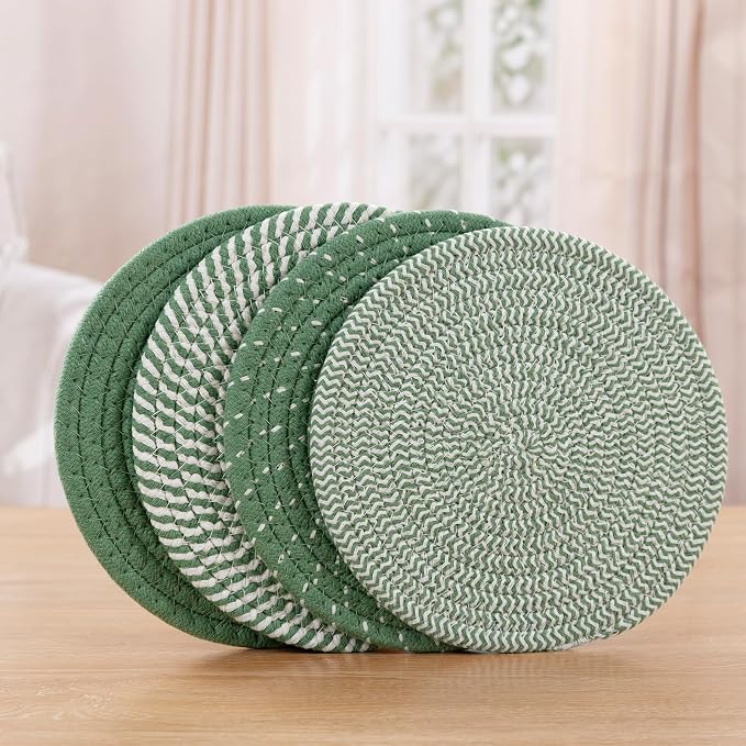 SHACOS 8 Inches Trivets for Hot Dishes, 4 Pieces Cotton Trivets Mats for Kitchen, Hot Pads for Countertops and Table, Heat-Resistant Pot Holders for Hot Pots and Pans(Green, 4pcs)