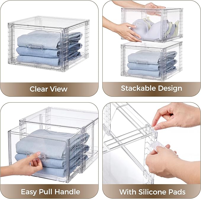 Vtopmart 9 Pack Clear Stackable Storage Drawers 15QT | Easily Assemble Closet Organizers,Plastic Storage Bins for Bathroom,Cabinet,Kitchen Pantry,Under Sink Organization(Medium)