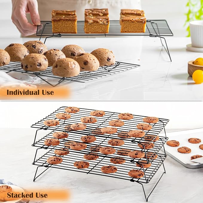 2-Tier Cooling Racks for Cooking and Baking - 13" x 9.6" Stackable Heavy Duty Stainless Steel Wire Rack for Baking, Grilling, Roasting - Oven & Dishwasher Safe - Black