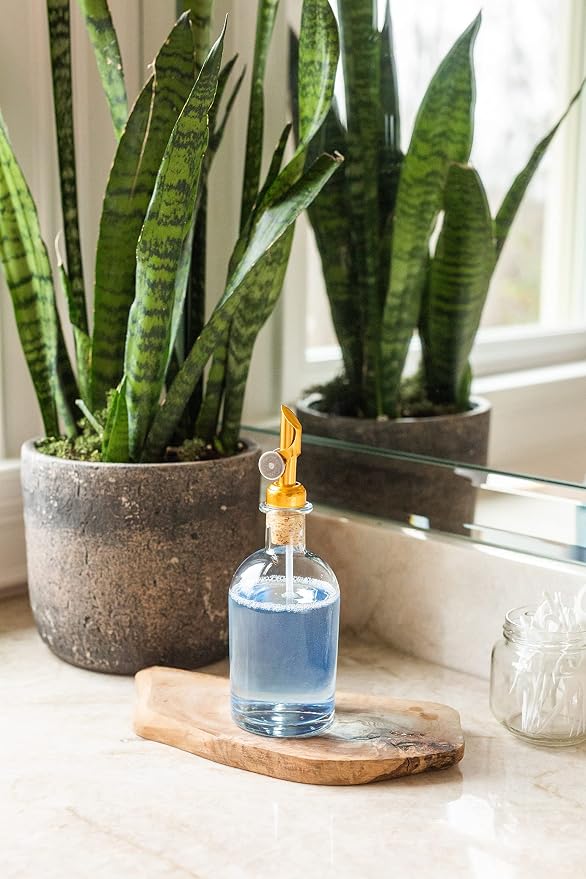 Rail19 Small Clear Glass Mouthwash Dispenser with Metal Pour Spout | Cooking Oil and Vinegar Dispenser - Perfect for The Bathroom, Kitchen and Tabletop, 8oz (Gold)