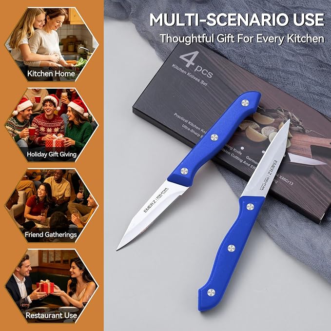 Paring Knives Set of 4,Stainless Steel Paring Knife,Ergonomic PP Triple Rivet Handle,3.5inch,Sharp Small Knife Set for Peeling Coring Cutting,Pairing Knives for Fruit,Blue