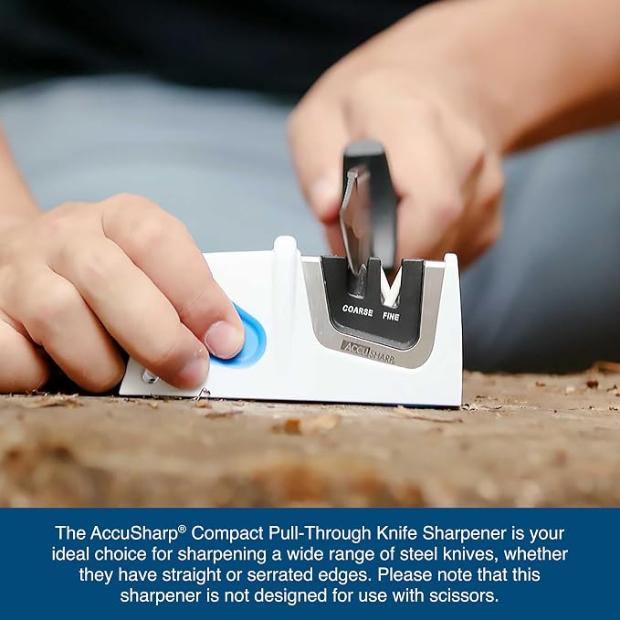 AccuSharp Compact Pull-Through 2-Stage Knife Sharpener, Repairs & Restores Kitchen Knives, Hunting Knives, Straight or Serrated Blades, Diamond-Honed Tungsten Carbide, Fine Ceramic Rods, White/Blue