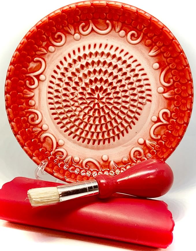 BonCera, All-in-one Premium Ceramic Garlic Grater Plate 4-Piece Set - Red Embossed Design and Style - For Garlic, Ginger, Chocolate, and more! - Comes with 5.25" Plate, Peeler, Brush, and Stand