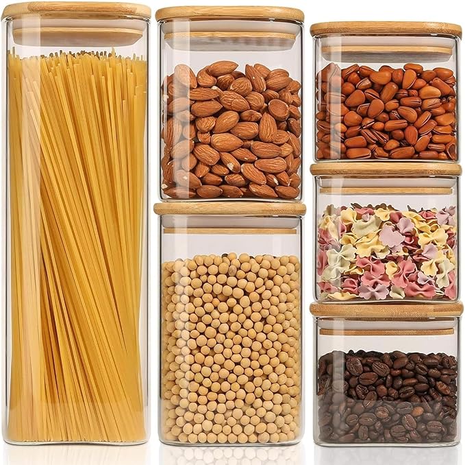 ComSaf Glass Storage Containers Set of 6 (2.2Qt/1.2Qt/0.8Qt/0.6Qt*3) | Pantry Storage Containers, Kitchen Jar, Glass Canisters, Bamboo Lid with Silicone Seal, Flour, Cereal, Spice Jar, BPA Free