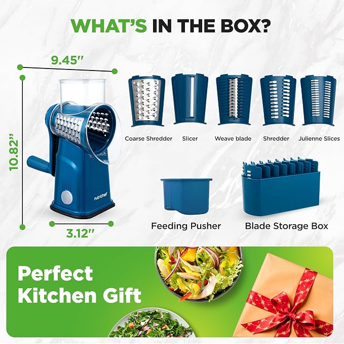 NutriChef 5 in 1 Cheese Grater & Shredder | 5 Different Blades for Thin, Thick, Julienne Strips, Wavy, & Straight Strips | Includes Hand Crank, Strong Suction Base & Storage Container | Blue