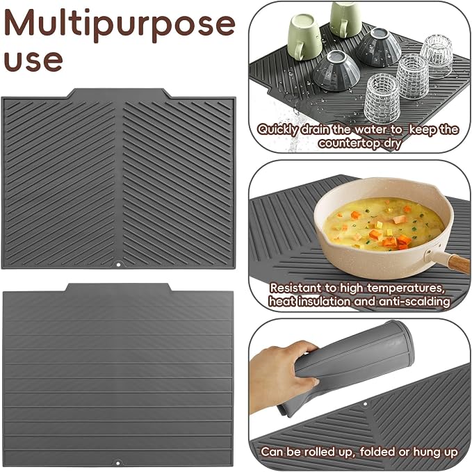 Silicone Dish Drying Mat with Drain Lip 17” x 13”, Heat-Resistant Sloped Sink Draining Tray for Kitchen Worktops, Draining Mat, Rack Mat, Multi-Purpose Hot Pads