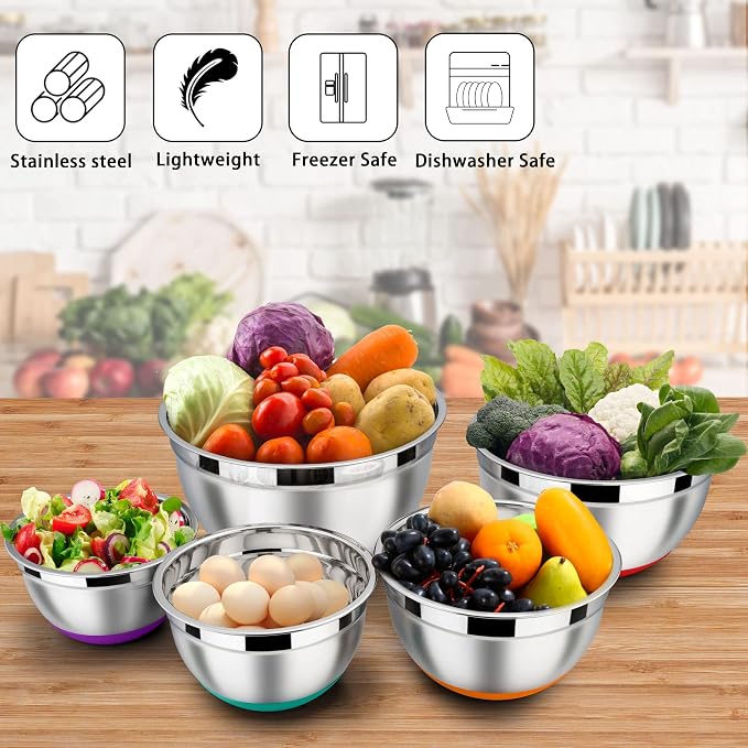 LIANYU Nesting Mixing Bowls Set of 6, Large Size 7, 3.5, 2.5, 2, 1.5, 1QT | Stainless Steel Metal Bowls with Airtight Lids, for Baking Cooking Food Storage, Non-slip Bottom, Colorful
