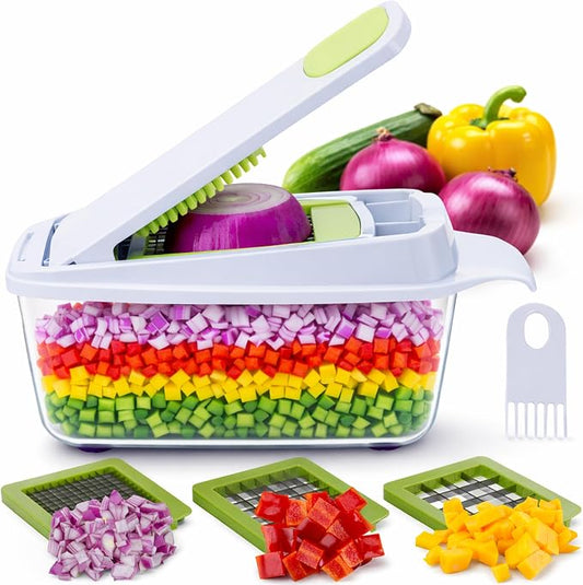 Brieftons QuickPush Food Chopper: 8-Cup Push-Down Onion & Vegetable Dicer, 3 German Steel Blades, BPA-Free Container with Keep-Fresh Lid and Cleaning Comb - Manual, Dishwasher Safe