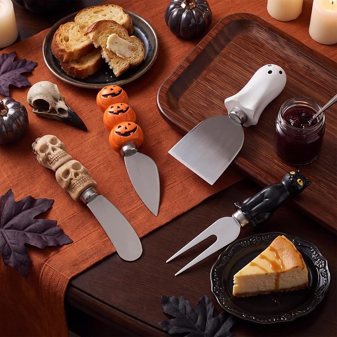 Jingmore 4 Pcs Halloween Cheese and Butter Spreader Knives Decor Pumpkin, Black Cat, Ghost, Skull Hand Painted Resin Handle with Stainless Steel Blade Multipurpose (Cheese Knives Set)