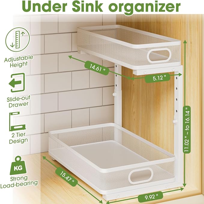 Under Sink Organizer 2-Pack, Metal 2-Tier Pull-Out Cabinet Shelf with Slide-Out Mesh Drawers, Height Adjustable, Space-Saving Under Sink Storage Racks for Kitchen, Bathroom, Laundry Room, White