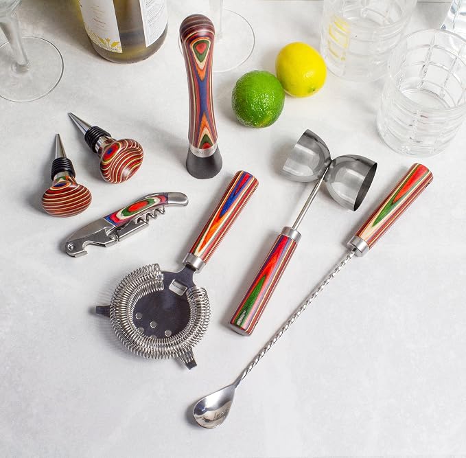Totally Bamboo Baltique Marrakesh 7 Piece Bartender Kit, Gift Set with Bar Accessory Tools, Muddler, Double Sided Jigger, Hawthorne Cocktail Strainer, Bar Spoon, Waiter's Friend and 2 Bottle Stoppers