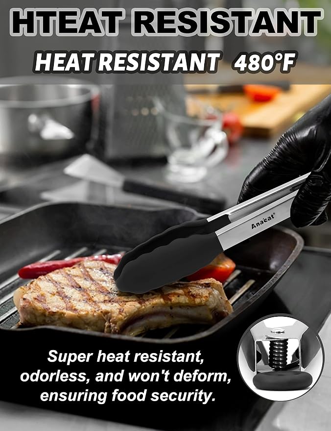 Anaeat Non-Stick Silicone Locking Tong - Stainless Steel 9" Kitchen Food Tongs with Non-Slip Silicone Tips and Grip for Cooking, Baking and BBQ - Heat Resistant up to 480°F (Black)