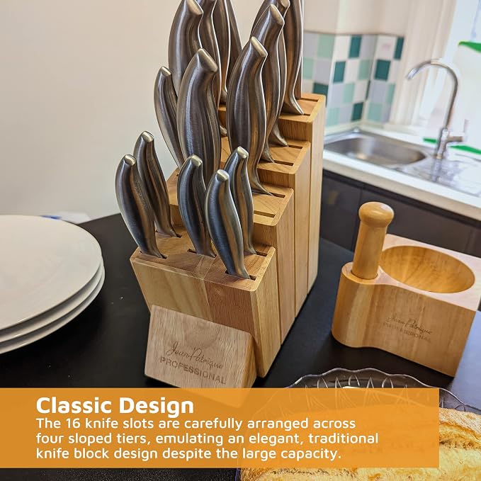 Jean-Patrique 16-Slot Chef Universal Knife Block Without Knives - Durable Wooden Storage - Kitchen Space Saver