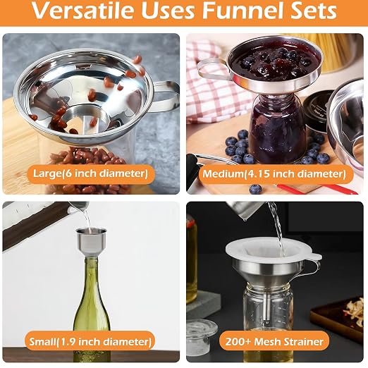 6 Pack Stainless Steel Canning Funnel for Filling Mason Jar with Mesh Strainer, Wide & Narrow Mouth Funnels for Kitchen Use, Filling Bottles & Dry Ingredients, Kitchen Gadgets Canning Supplies Kit