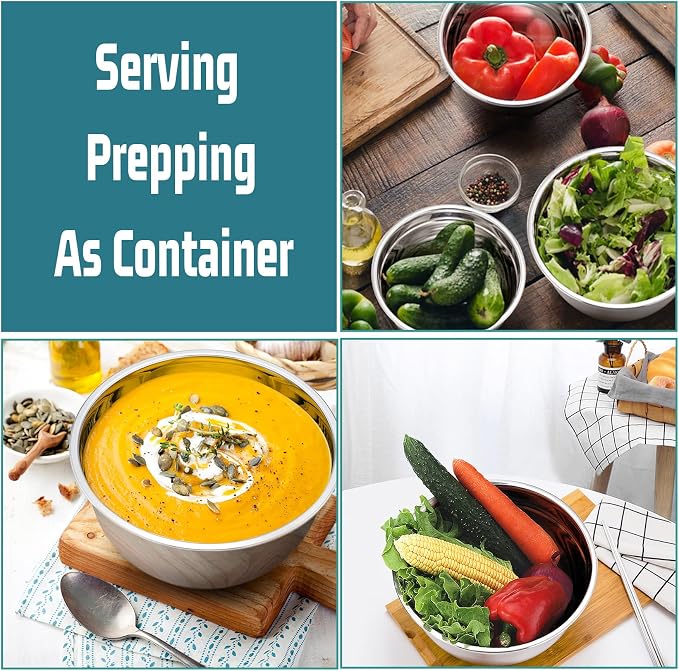 P&P CHEF Mixing Bowls With Lids, Set of 6, Stainless Steel Nesting Mixing Bowls & Fitting Lids & Non-Slip Silicone Bottom, Ideal for Mixing, Storing, Size 0.7/1/1.5/2.5/3/4.6 Qt, Blue