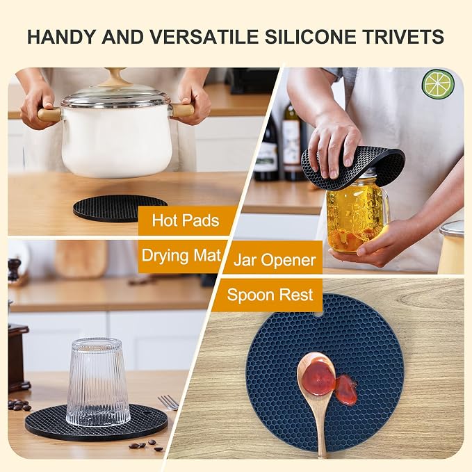 4 PCS Heat Resistant Silicone Trivet Mats for Hot Dishes, Hot Pots and Pans | Multipurpose Non-Slip Pot Holders Hot Pads Coasters for Kitchen, Countertop, Table, Thick Round Square Trivet, Black