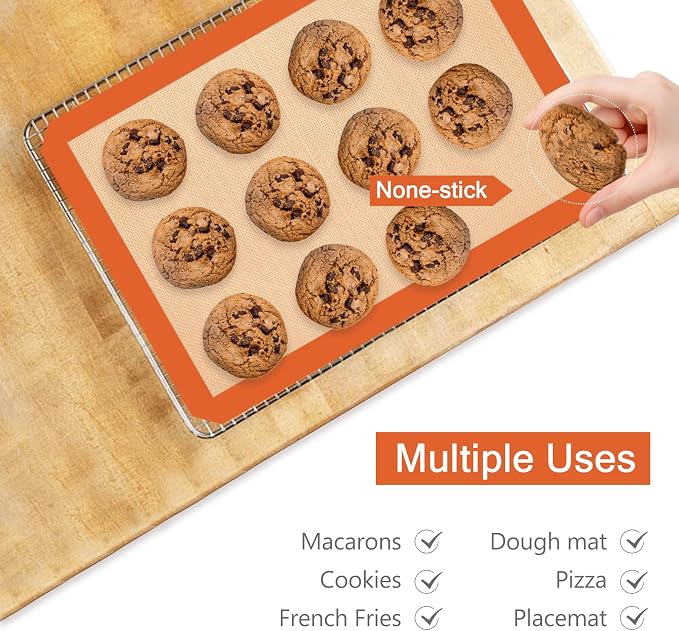 Silicone Baking Mat Set of 3, Non-Stick 2 Half & 1 Quarter Sheets | Dishwasher Safe, Reusable Baking Supplies for Cookies, Bread, Pastries & Dough, Orange