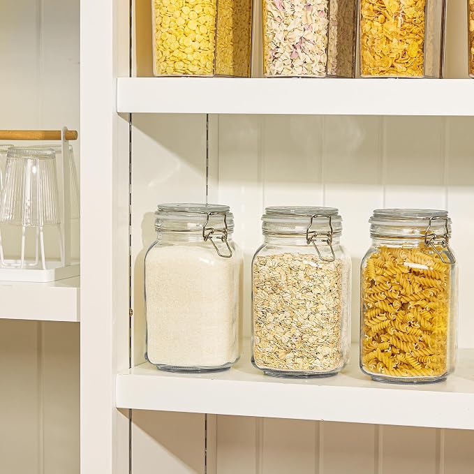 50oz Glass Food Storage Jars with Airtight Clamp Lids, 3 Pack | Food Storage Canister for Kitchen, Pantry Organization, Square Mason Jars for Storing Sugar, Flour, Cereal,Coffee,Cookies