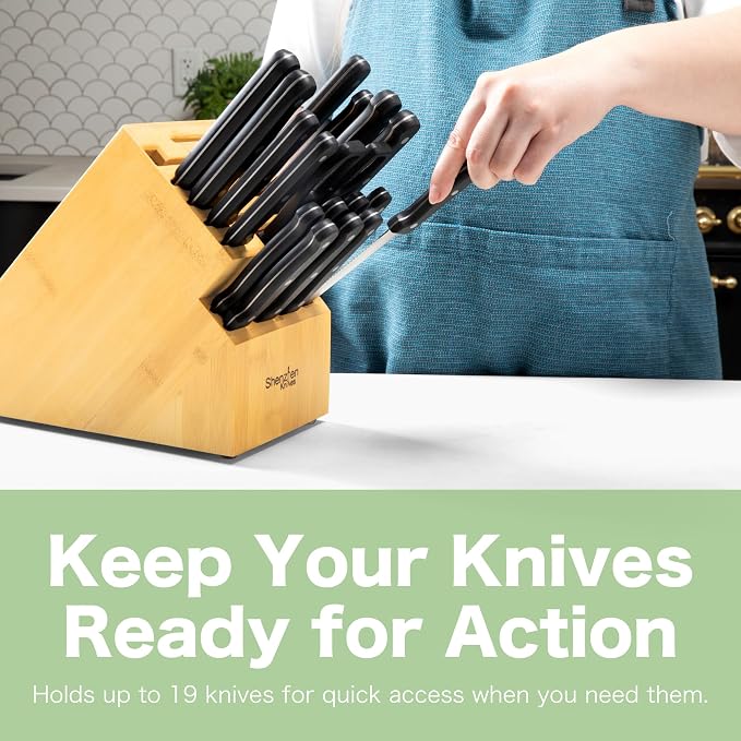 Shenzhen Knives 20 Slot Knife Block without Knives - Solid Wood Core Bamboo Veneer - X-Large 12.25x5.25x10.25 Inch Countertop Knife Holder Organizer and Kitchen Storage