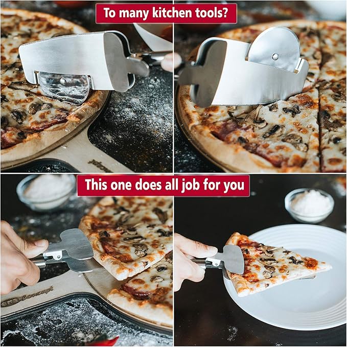Pizza Cutter Wheel 4 in 1 design, Super Sharp Slicer, very easy to Cut & Serve, all Stainless Steel, Dishwasher safe