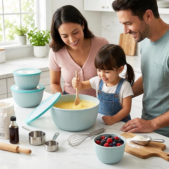 BoxedHome Mixing Bowls with Lids Set, 4.97 Quarts | BPA Free Plastic, Microwave Safe,Green