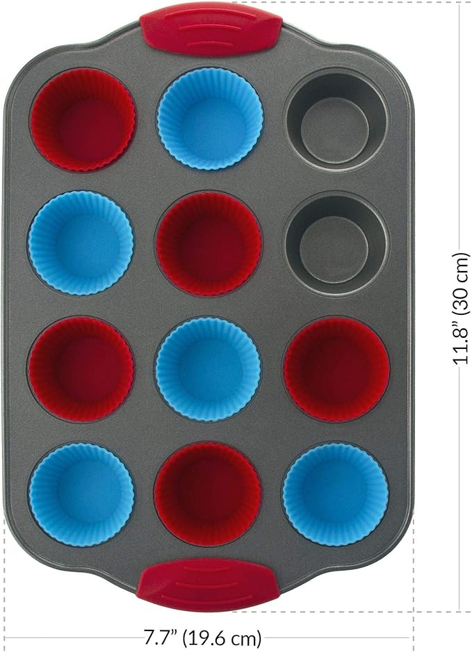 12 Cup Mini Muffin Pan with Silicone Muffin Liners. Professional Cupcake Pan for Baking Muffin Mold, Mini Muffin Tin Non-Stick Steel Bakeware